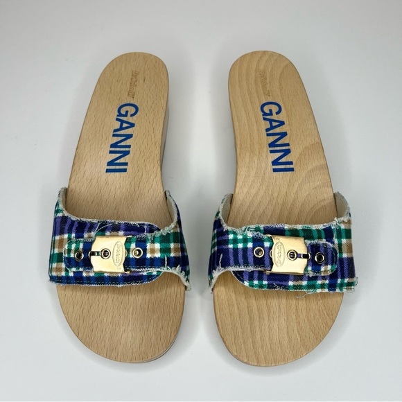 GANNI x Dr. Scholl's Blue Plaid Buckle Wooden Clog Slides Sandals Retro NEW - Picture 5 of 14